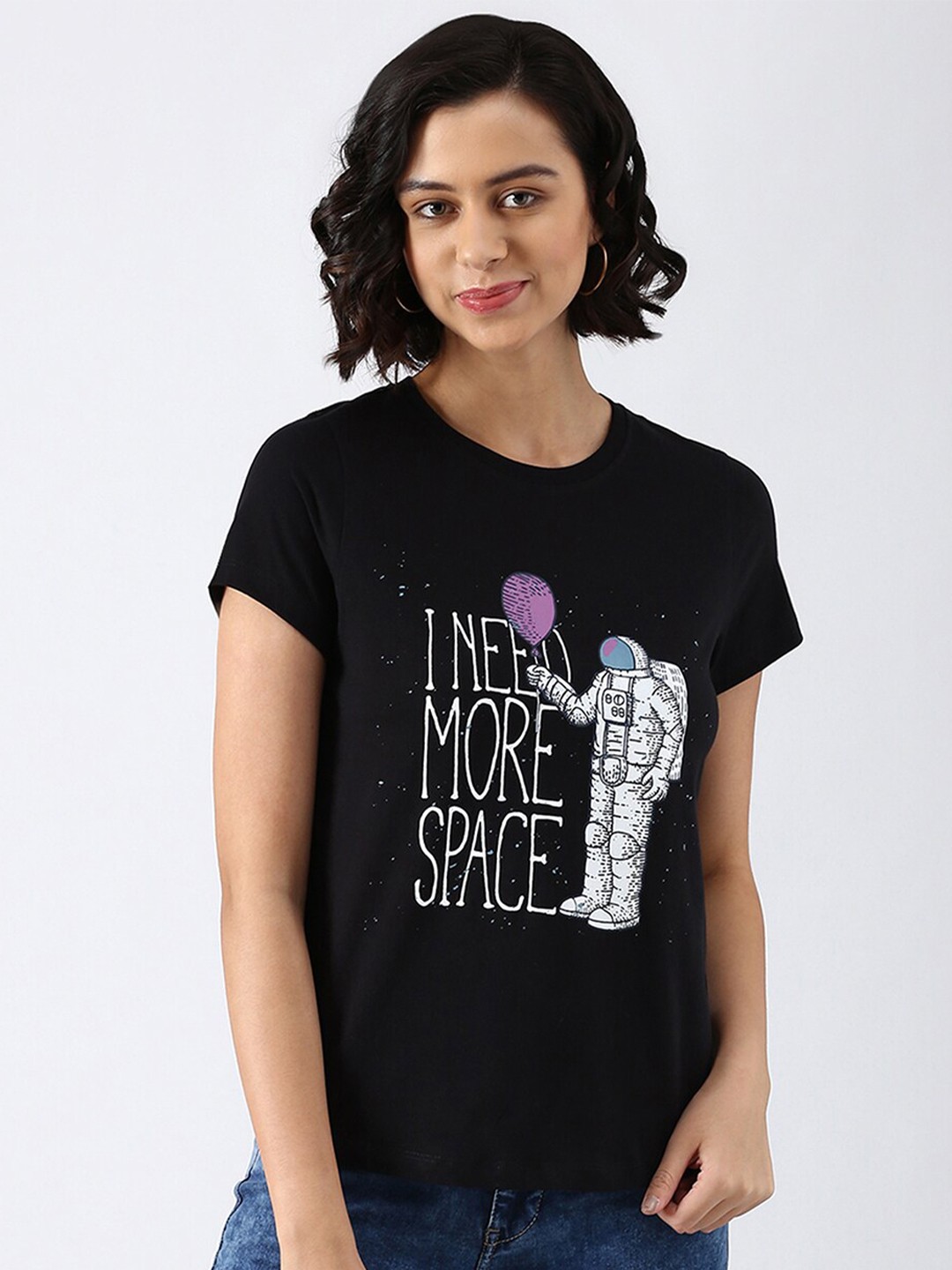 

abof Women Black Printed Pure Cotton T-shirt