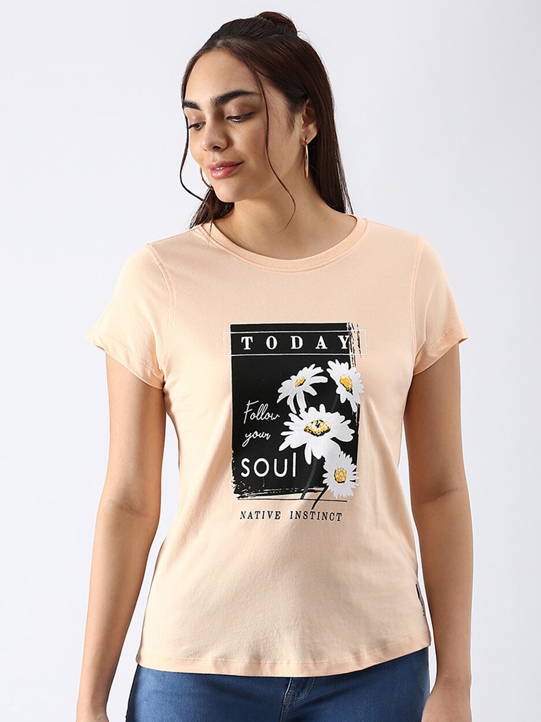 

abof Women Peach-Coloured Printed Pure Cotton T-shirt