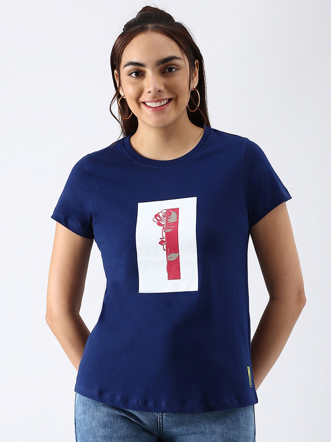 

abof Women Blue Printed Pure Cotton T-shirt