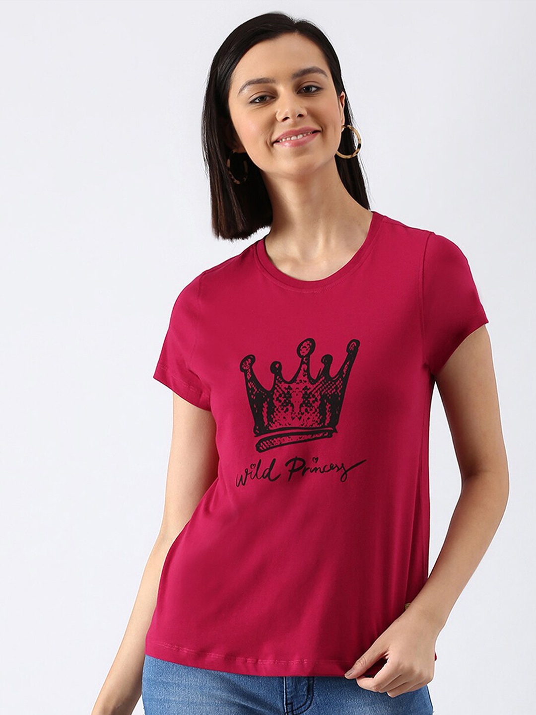 

abof Women Maroon Printed Pure Cotton T-shirt
