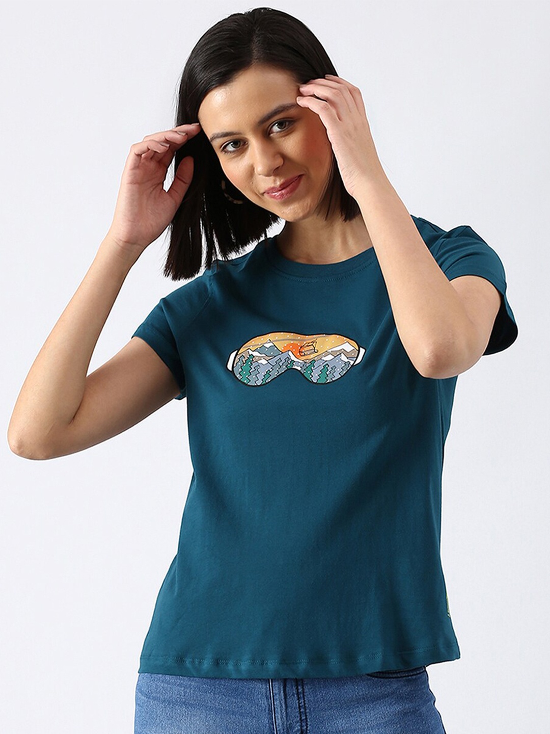 abof Women Teal Blue Pure Cotton T-shirt