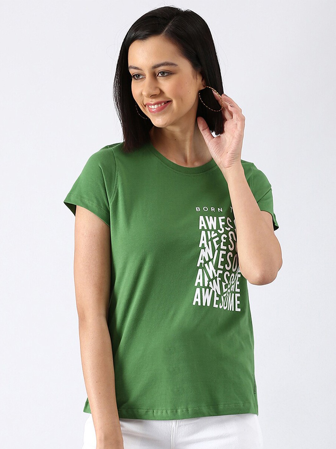 

abof Women Green & White Printed Pure Cotton T-shirt