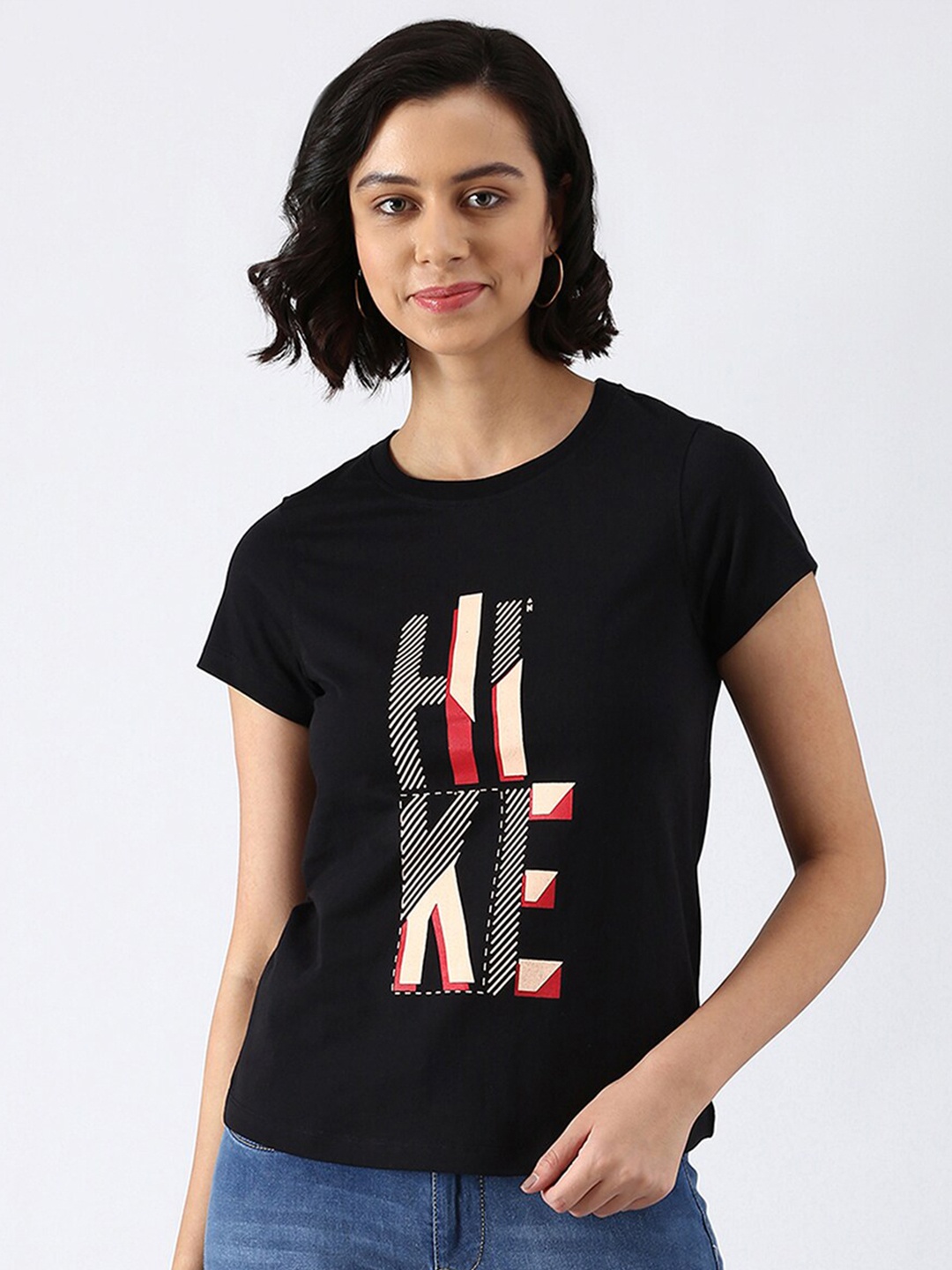 

abof Women Black & Cream-Coloured Printed Pure Cotton T-shirt