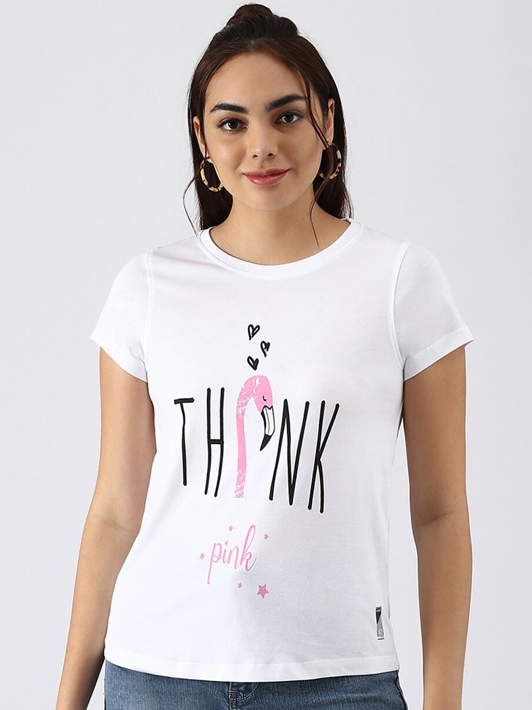 

abof Women White & Black Typography Printed Pure Cotton T-shirt