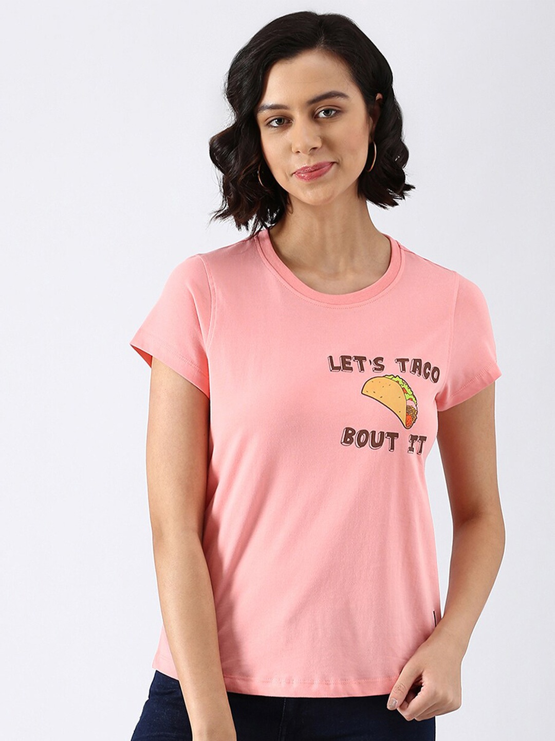 

abof Women Pink & Brown Typography Printed Pure Cotton T-shirt