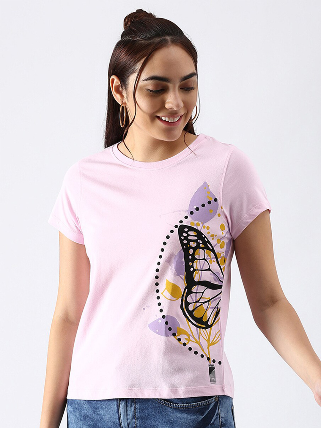 

abof Women Pink & Black Printed Pure Cotton T-shirt