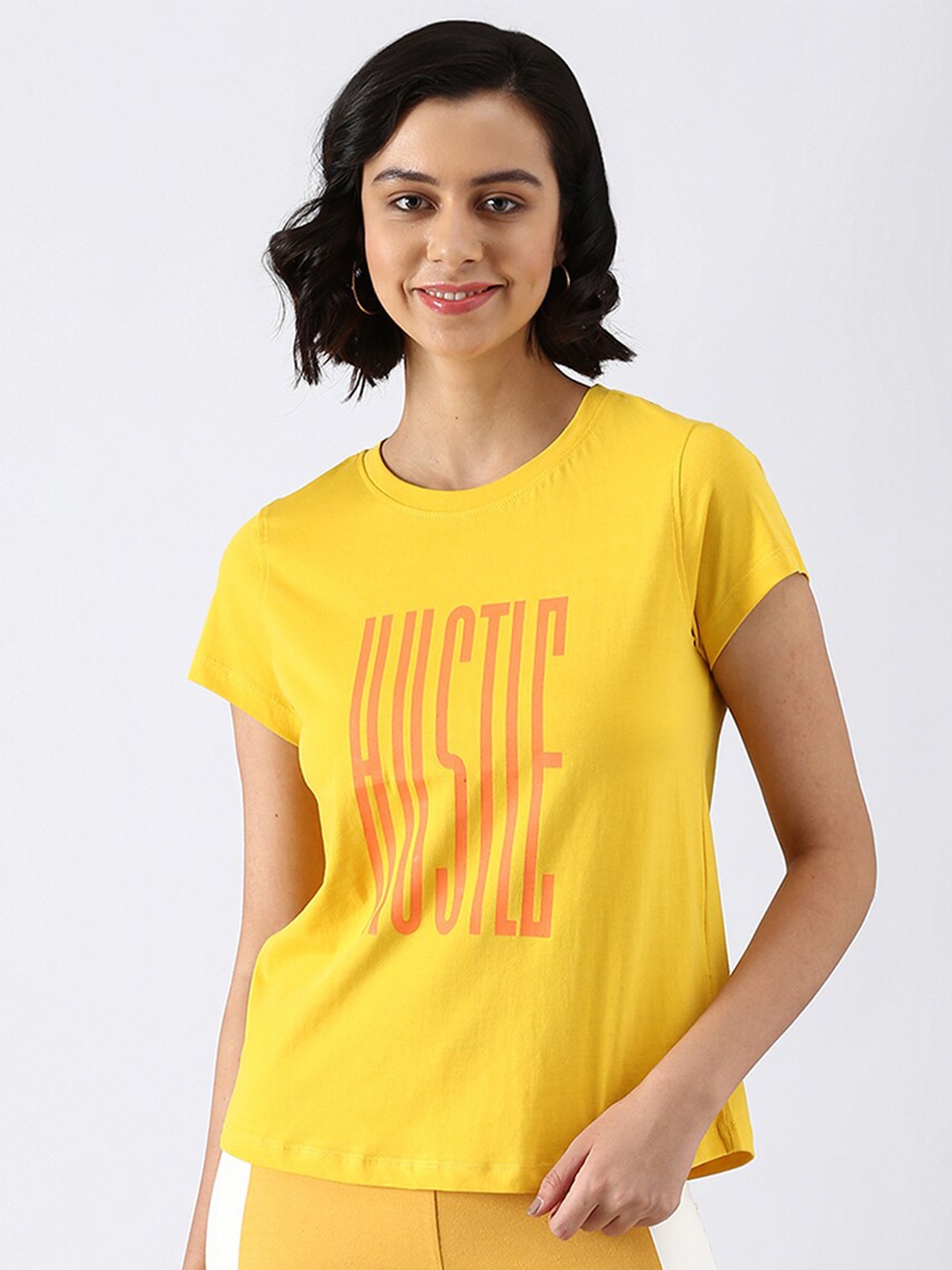 

abof Women Yellow & Pink Typography Printed Pure Cotton T-shirt