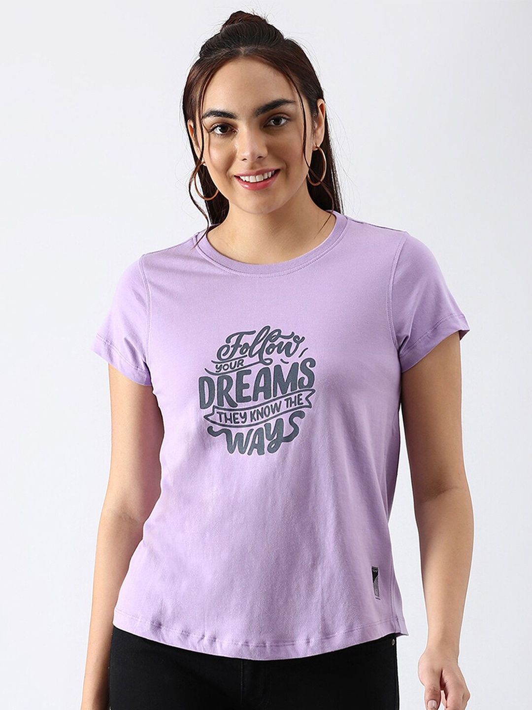 

abof Women Lavender & Grey Typography Printed Pure Cotton T-shirt