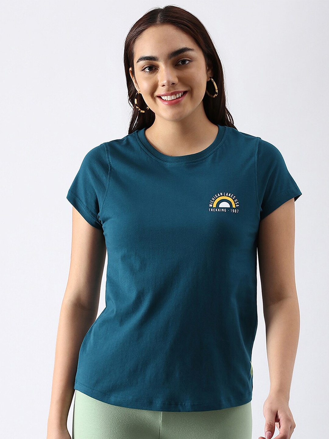 

abof Women Teal Blue Pure Cotton T-shirt