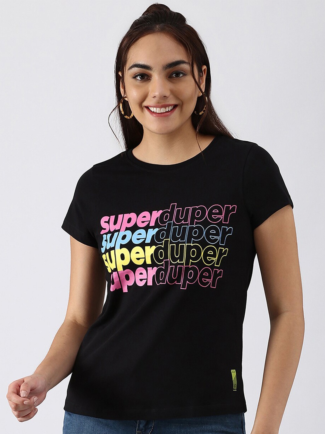 

abof Women Black & Pink Typography Printed Pure Cotton T-shirt