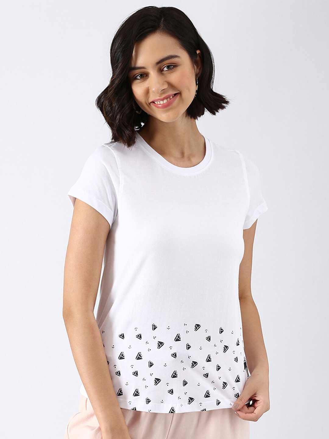 

abof Women White & Black Pure Cotton T-shirt