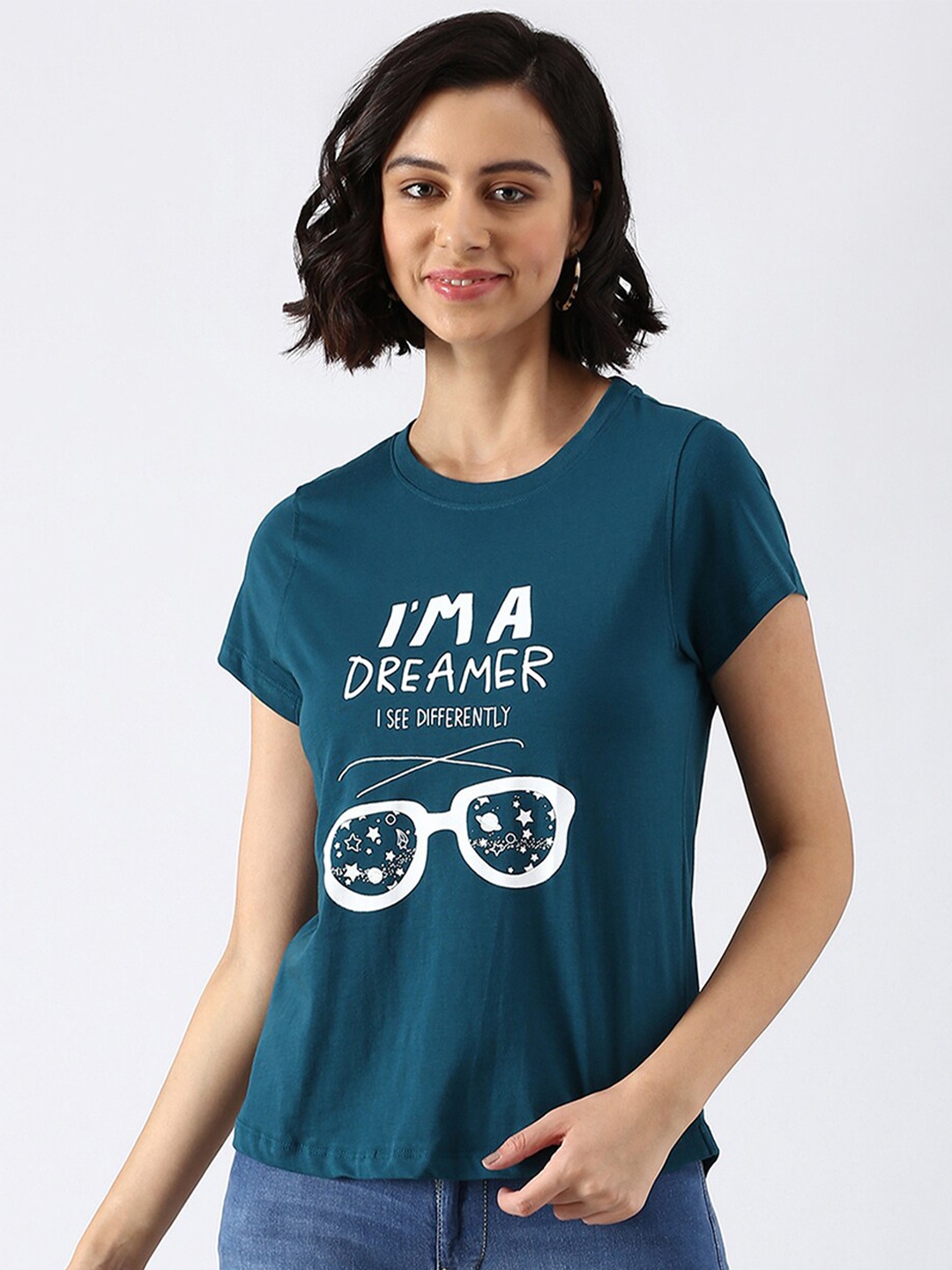 

abof Women Teal & White Typography Printed Pure Cotton T-shirt