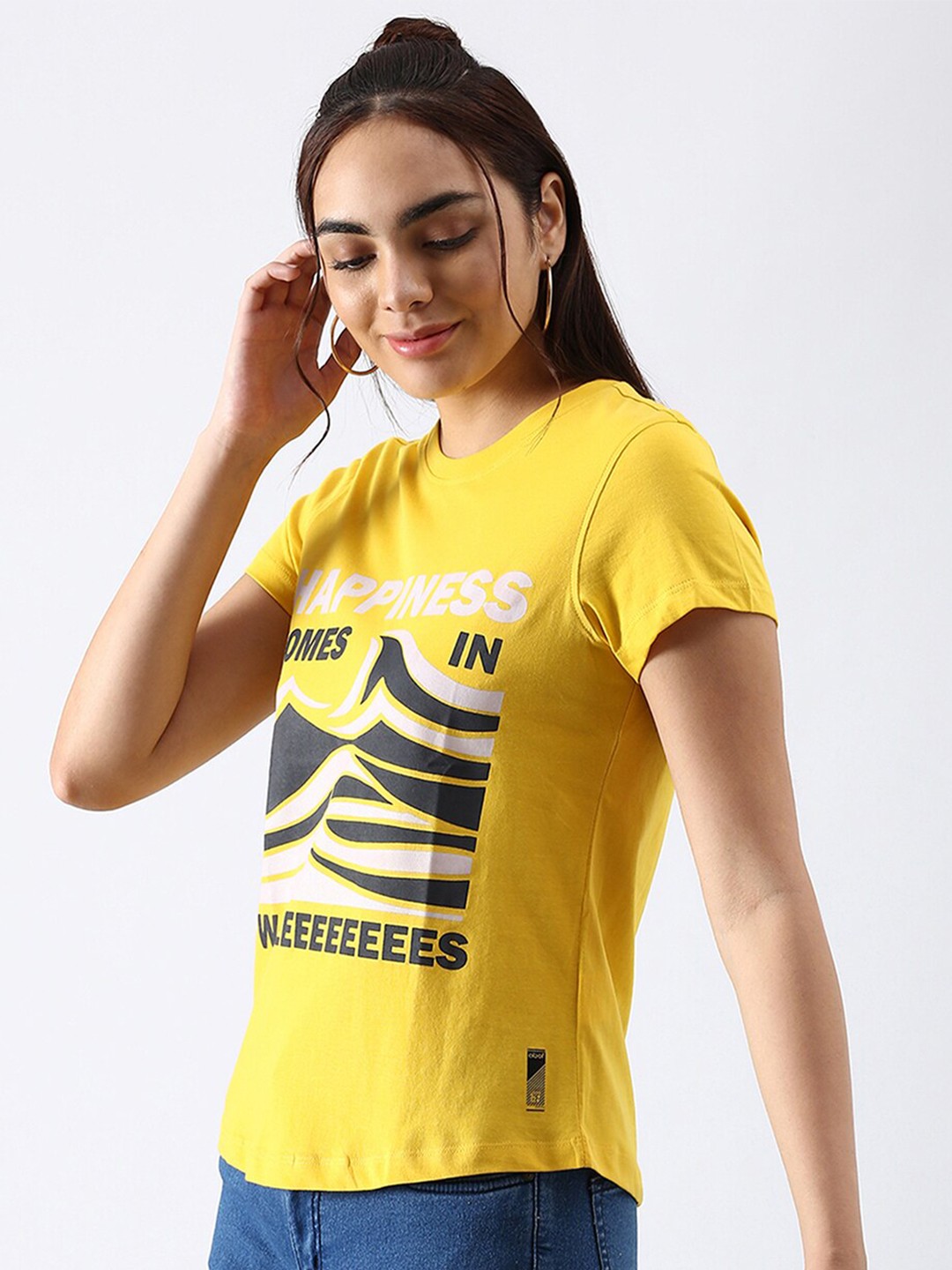 

abof Women Yellow & White Printed Pure Cotton T-shirt
