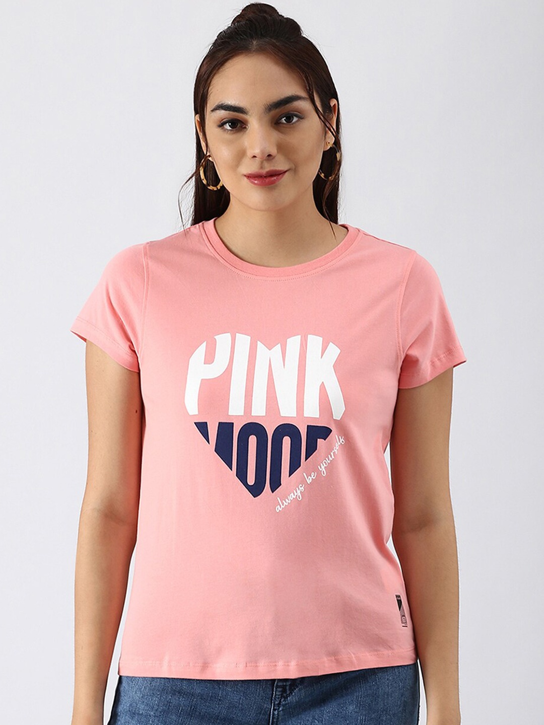 

abof Women Pink & White Printed Pure Cotton T-shirt