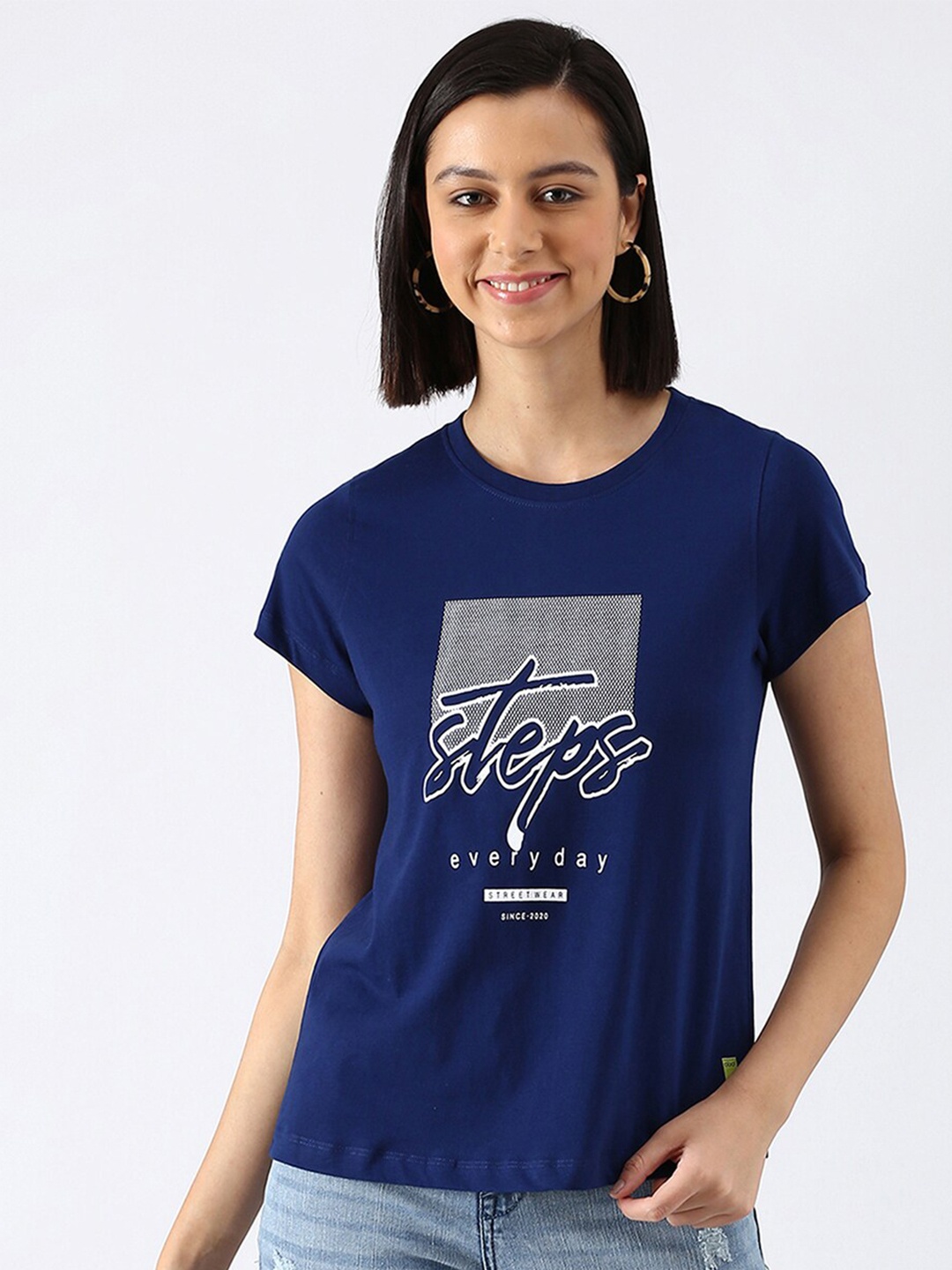 

abof Women Navy Blue & White Printed Pure Cotton T-shirt