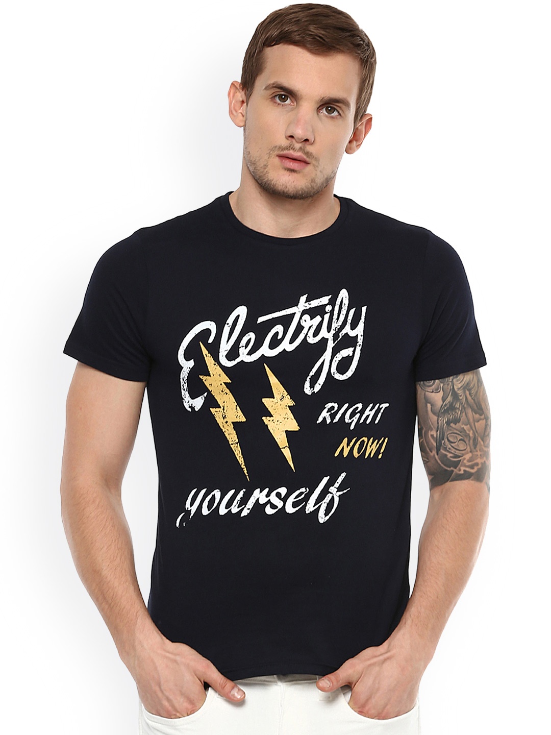

Celio Men Black Printed Round Neck Pure Cotton T-shirt