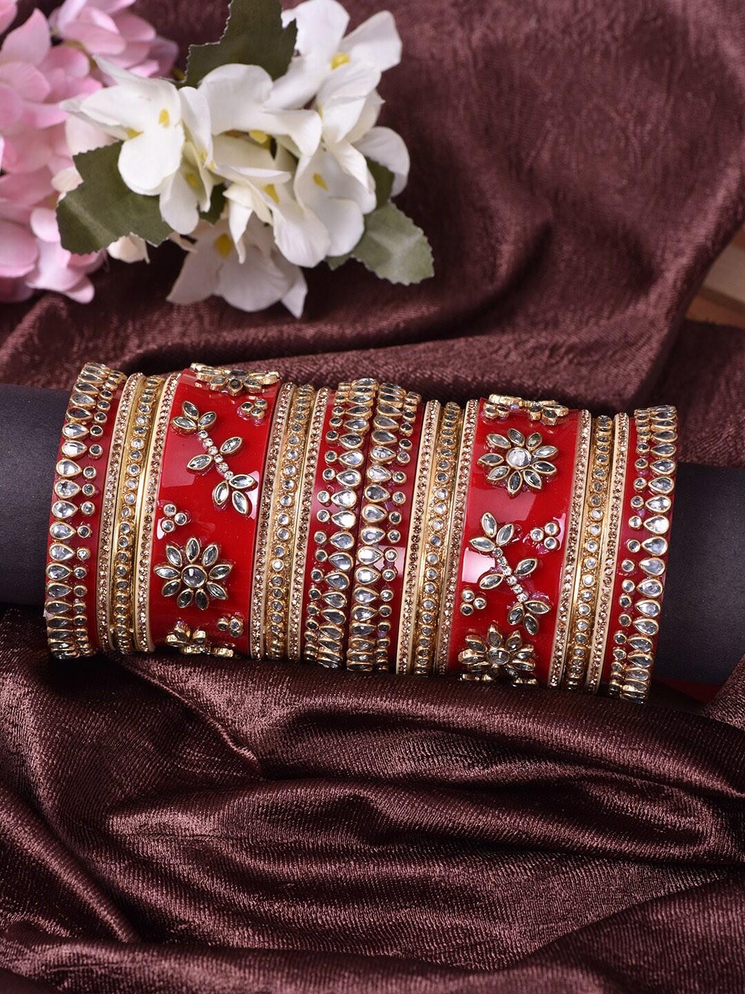

Saraf RS Jewellery Set Of 2 Gold-Plated Red & White Kundan-Studded Bangles