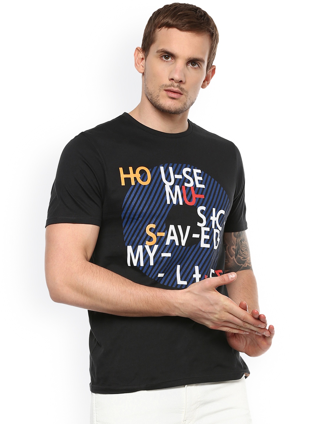 

Celio Men Black Printed Round Neck Pure Cotton T-shirt