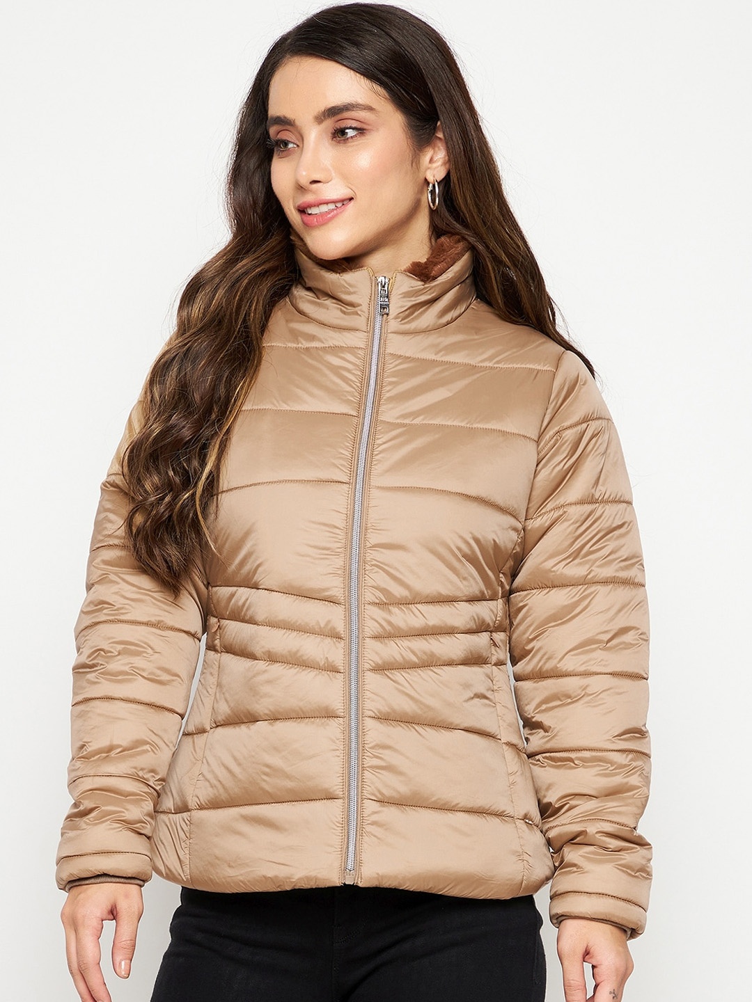 

Okane Women Tan Solid Mock Collar Padded Jacket