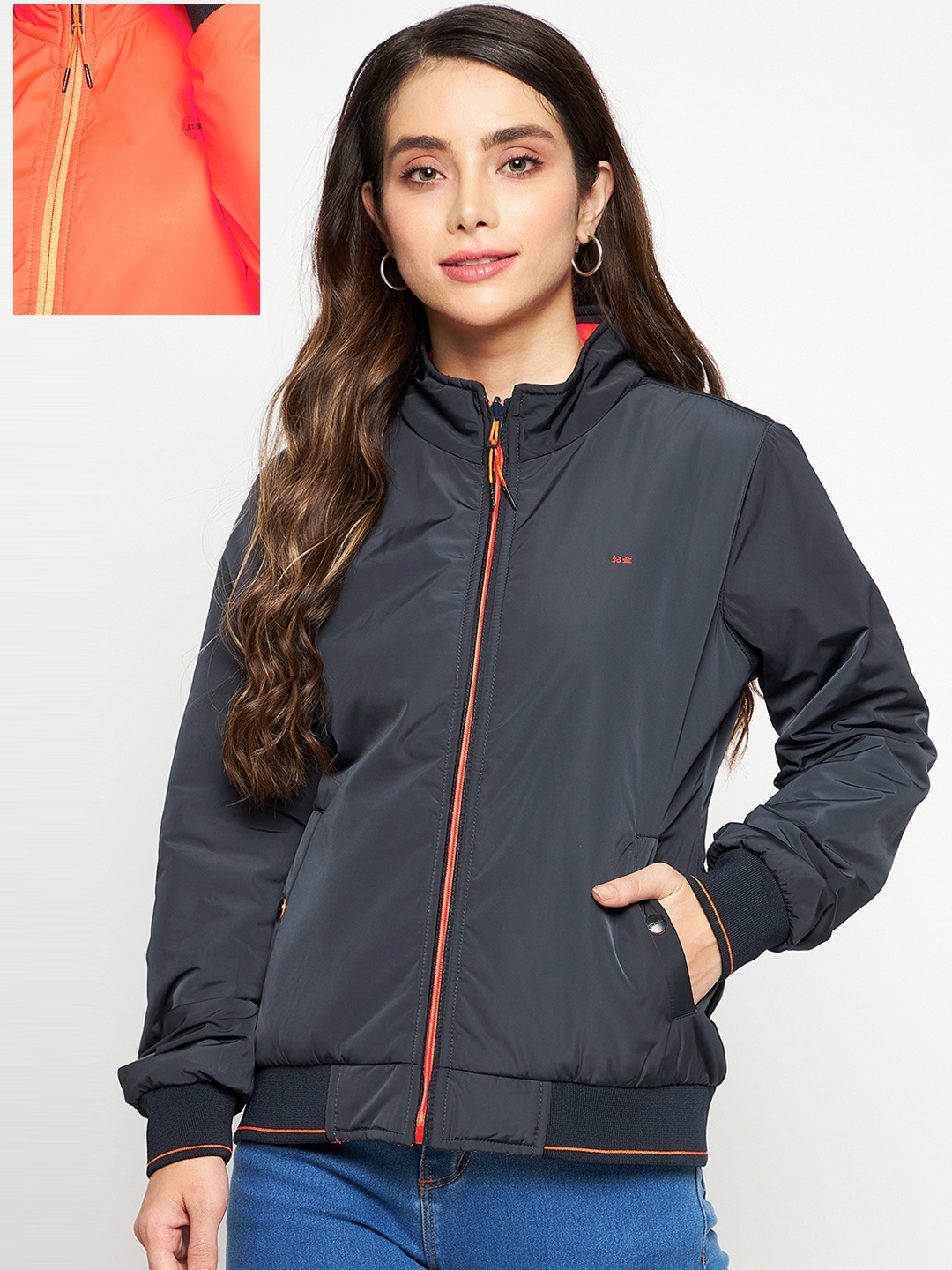 

Okane Women Navy Blue Orange Reversible Bomber Jacket