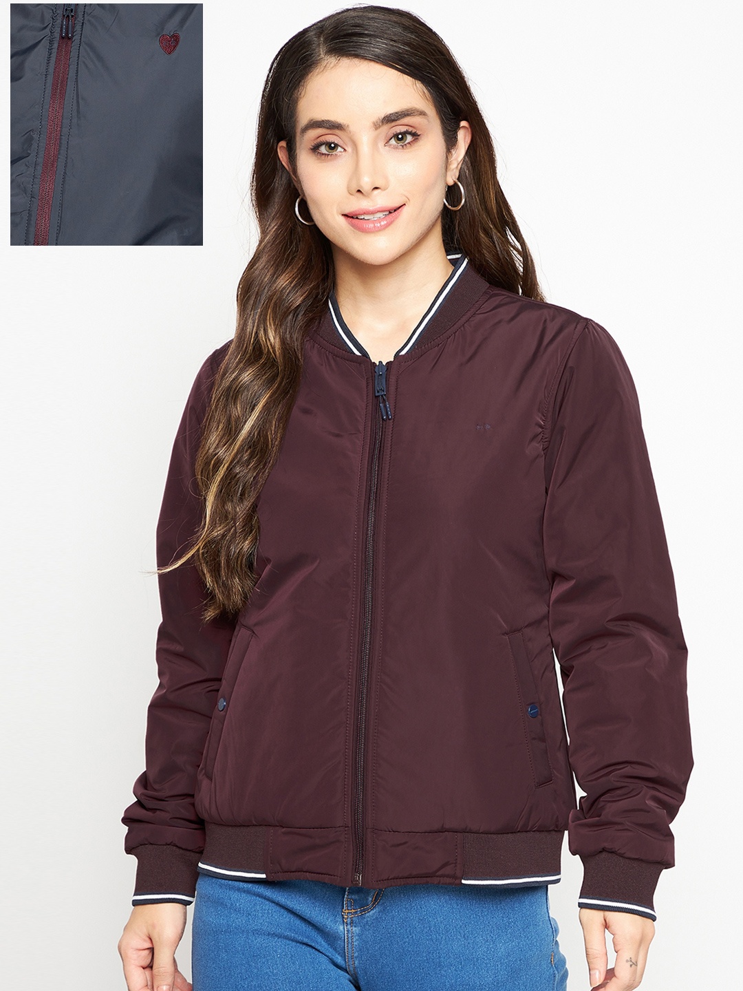 

Okane Women Burgundy Navy Blue Reversible Padded Jacket