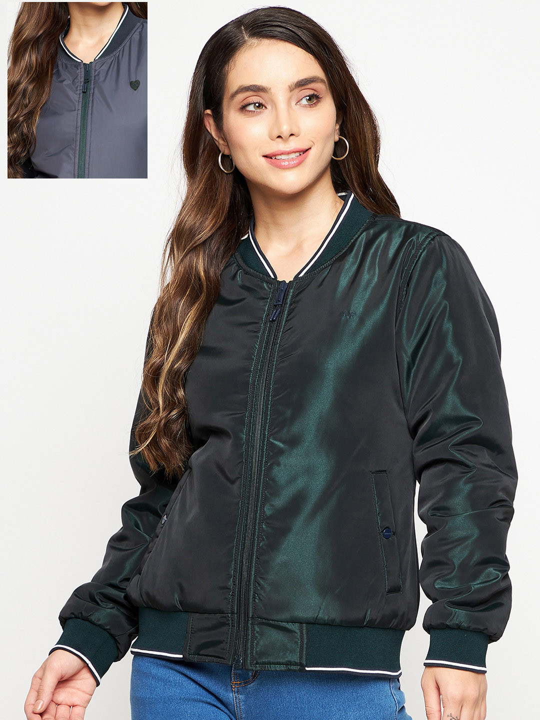 

Okane Women Green Grey Reversible Bomber Jacket