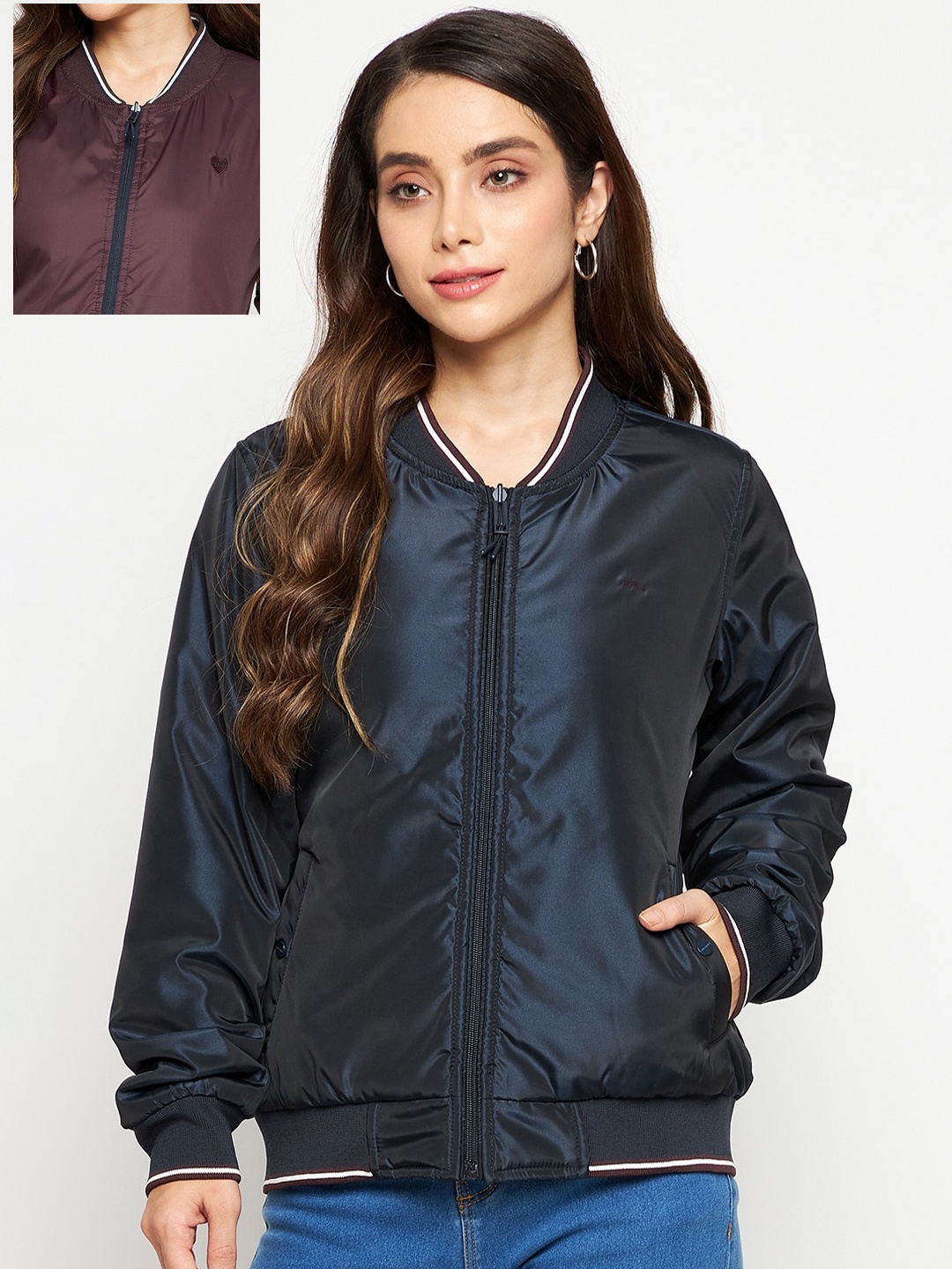 

Okane Women Navy Blue Reversible Bomber Jacket