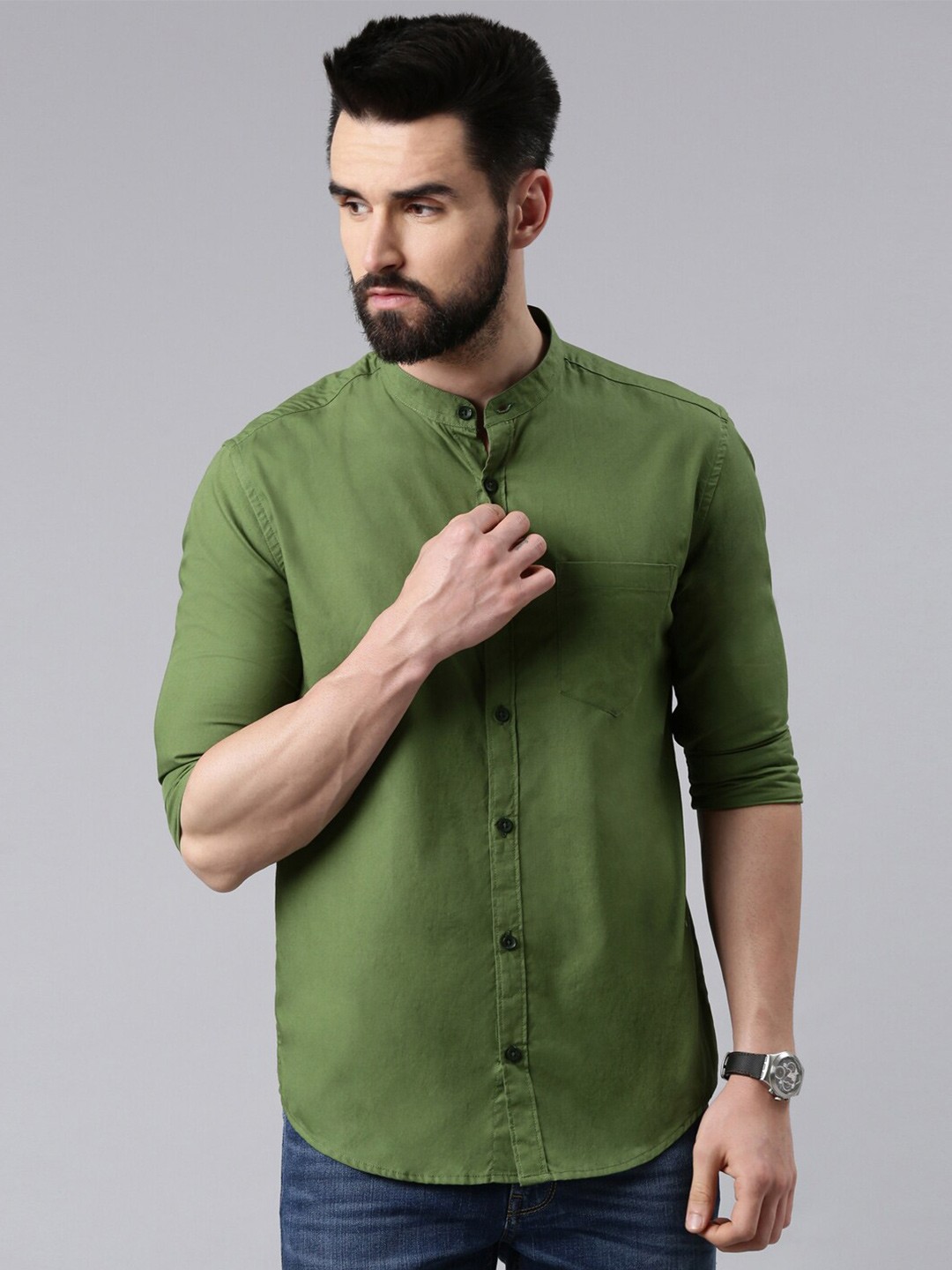 

Kryptic Men Olive Green Smart Cotton Casual Shirt