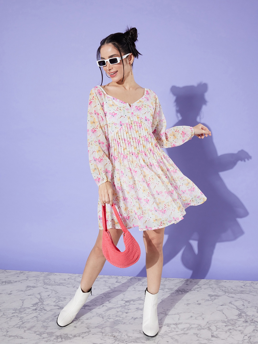 

StyleCast Floral Print Chiffon A-Line Dress With Accordion Pleats Detailed, White