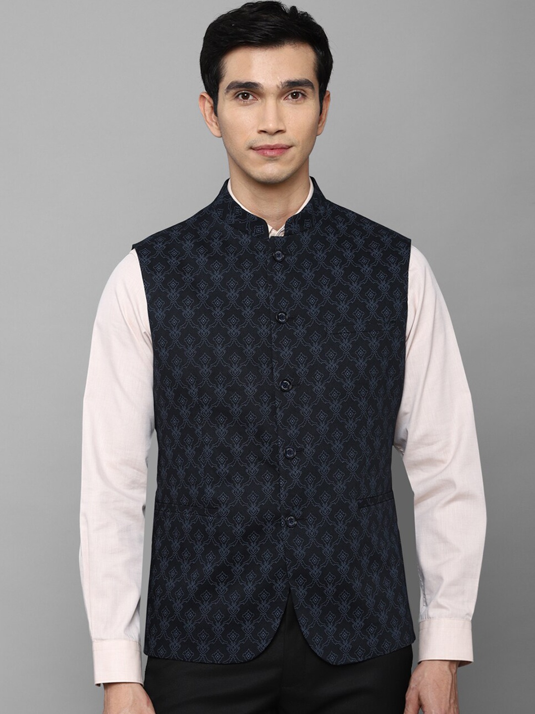 

Allen Solly Men Navy Blue Printed Woven Nehru Jacket