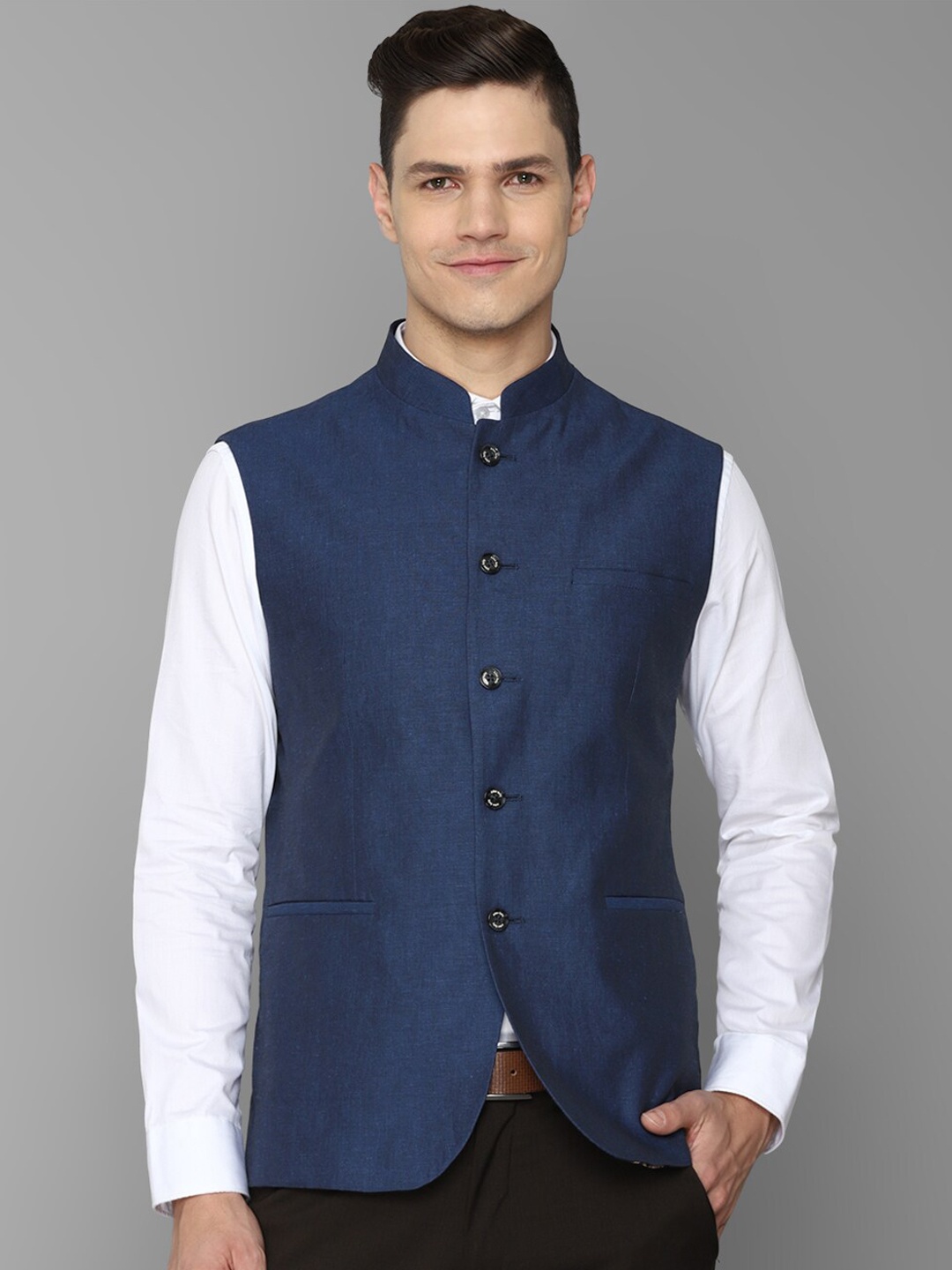 

Allen Solly Men Navy Blue Solid Nehru Jacket