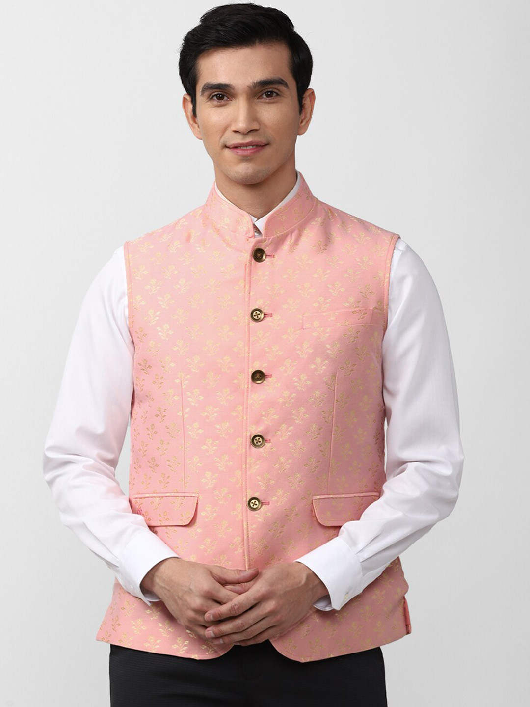 

Peter England Elite Men Pink Printed Woven Nehru Jackets