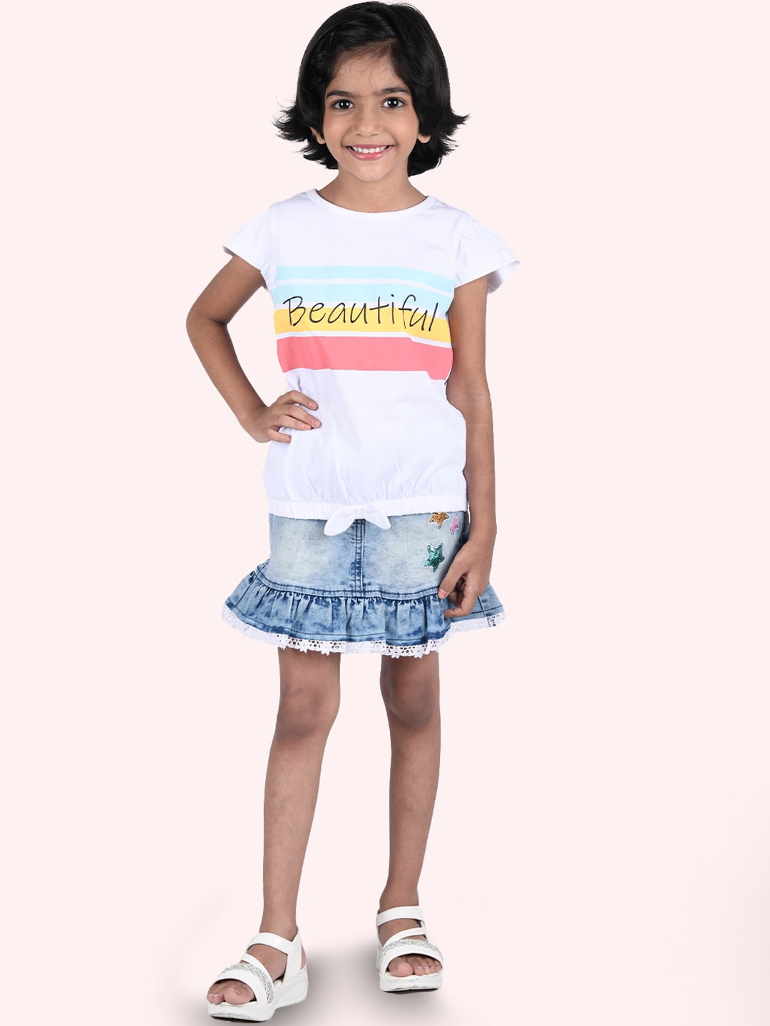 

Zalio Girls White & Blue Pure Cotton T-shirt with Skirt