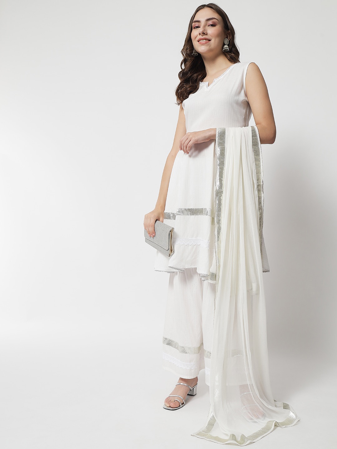 

IkDaiya Women White Kurti with Sharara & Dupatta