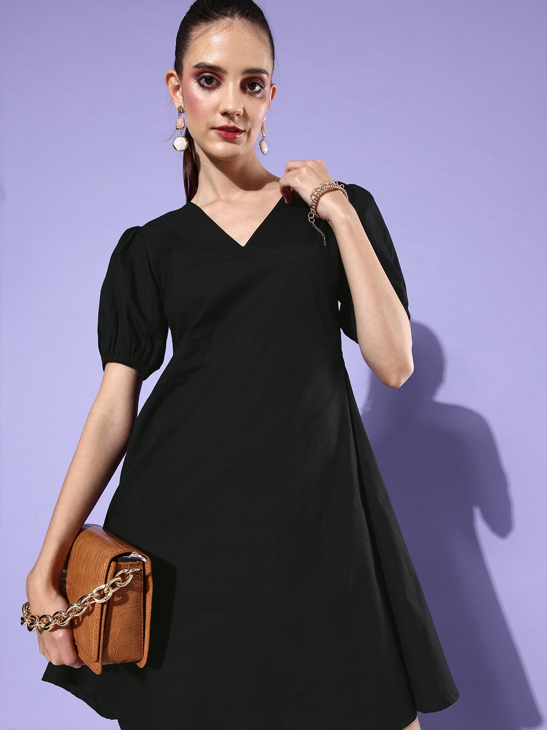 

StyleCast Pure Cotton Tie-Up A-Line Dress with Cut-Out, Black