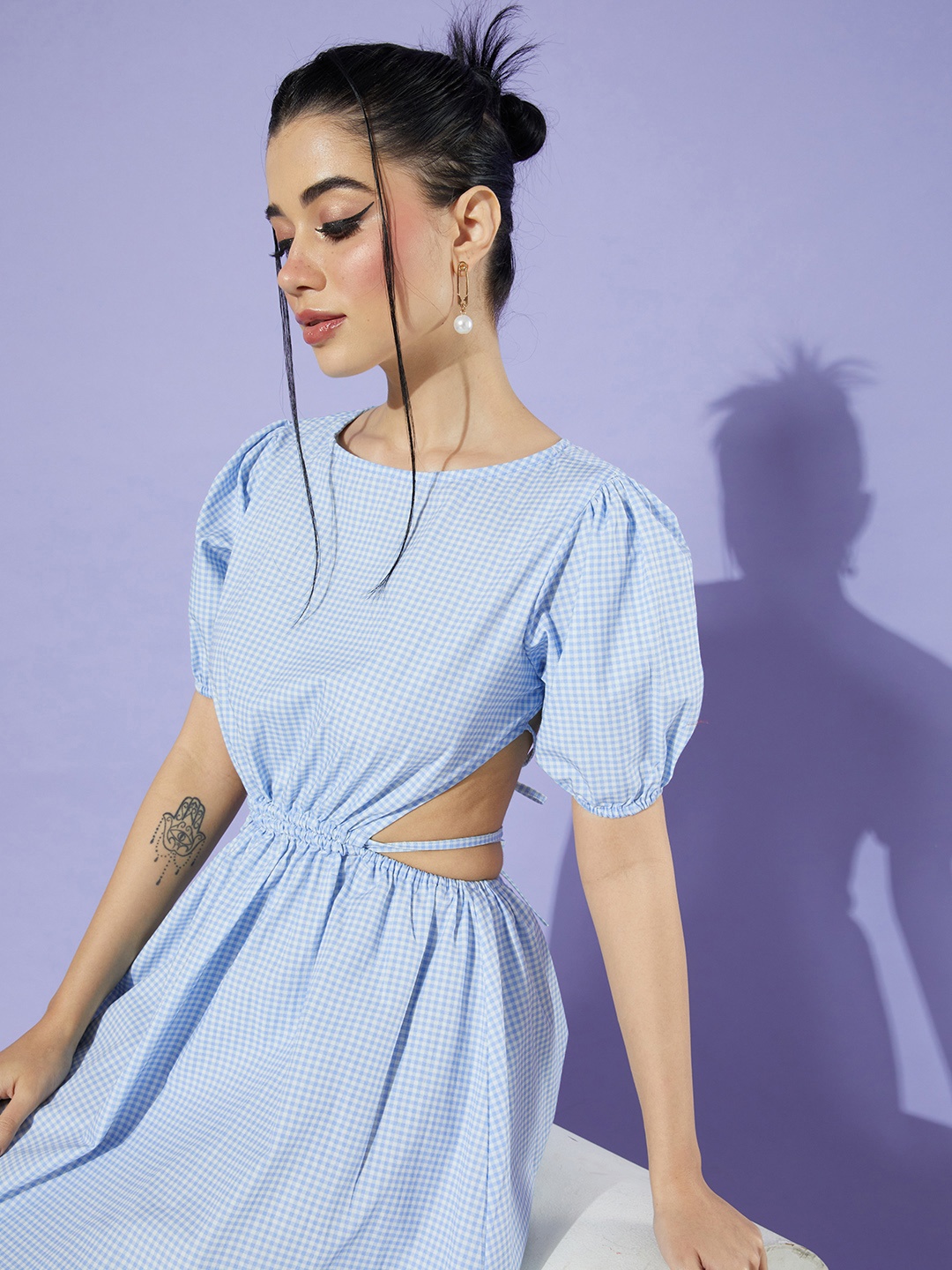 

StyleCast Checked Fit And Flare Dress With Cut-Outs Detailing, White