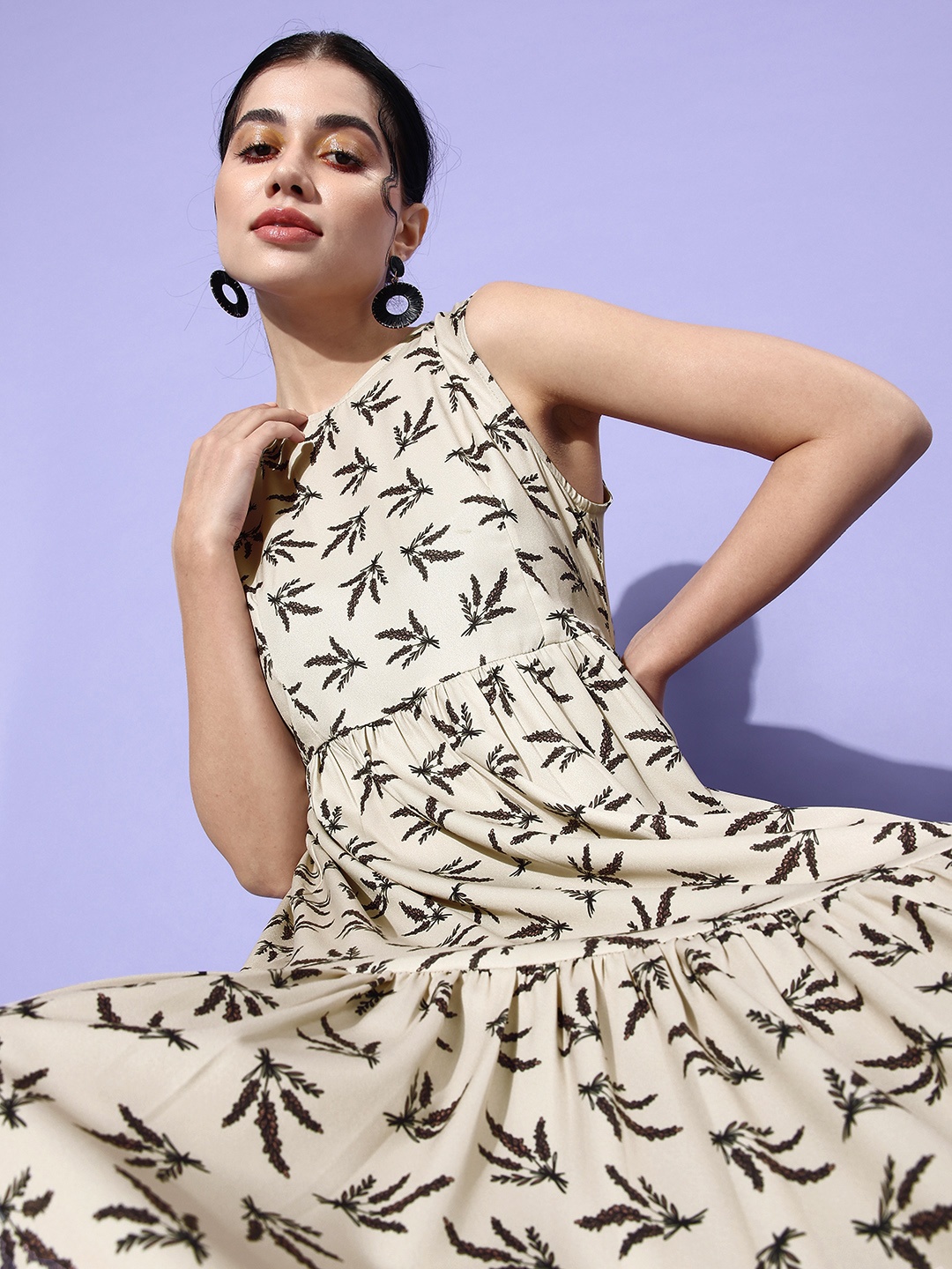 

StyleCast Conversational Print Gathered Or Pleated Tiered Crepe Maxi Dress, Beige