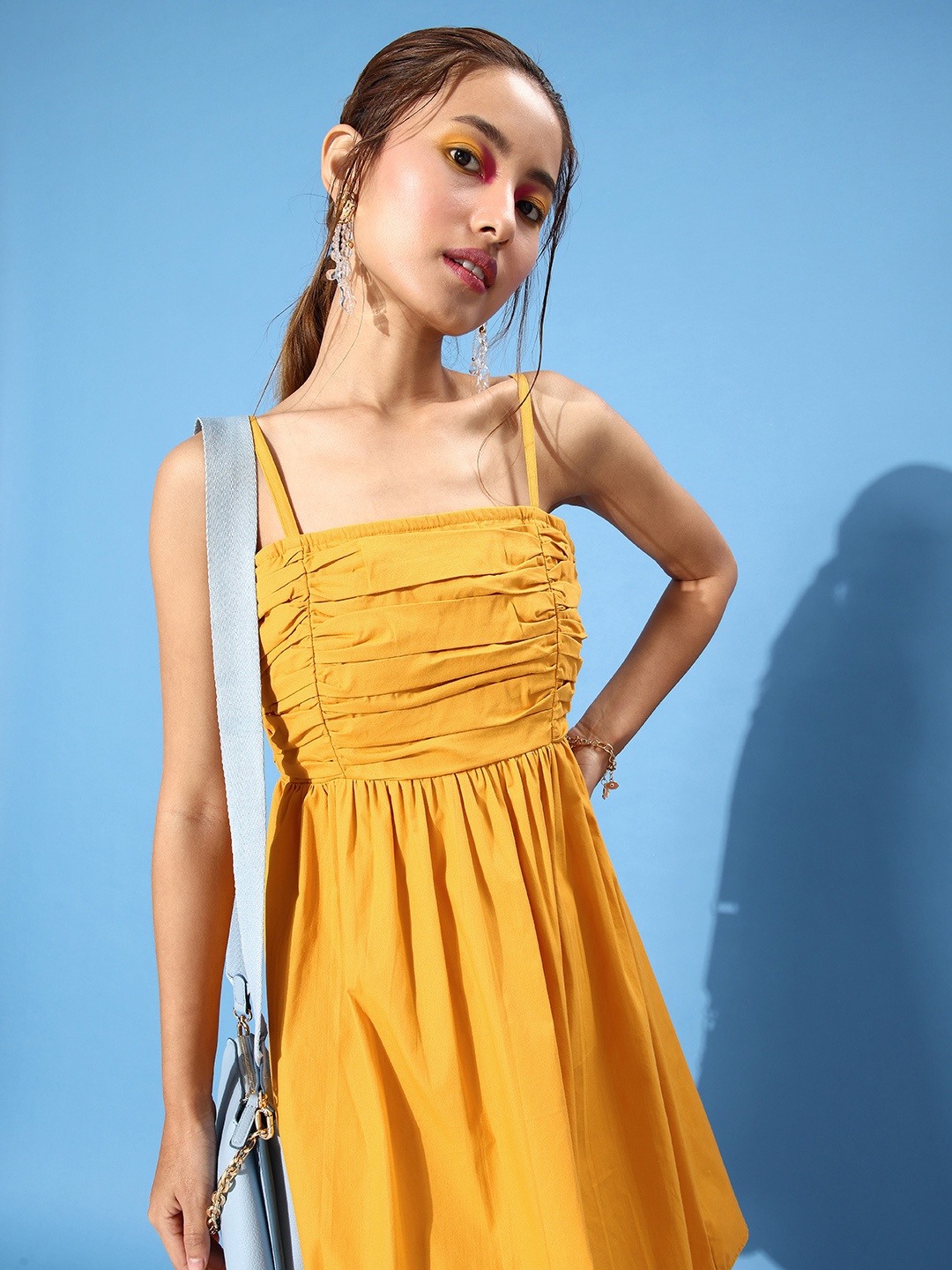 

StyleCast Solid Ruched Fit And Flare Dress With Smocked Detail, Mustard