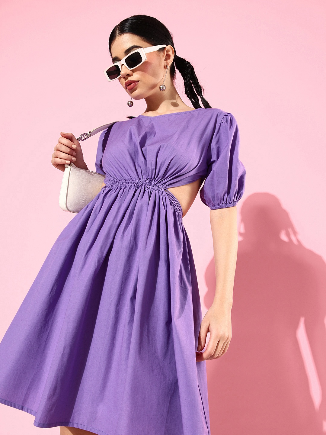 

StyleCast Pure Cotton Cut-Out Dress with Gathers, Purple