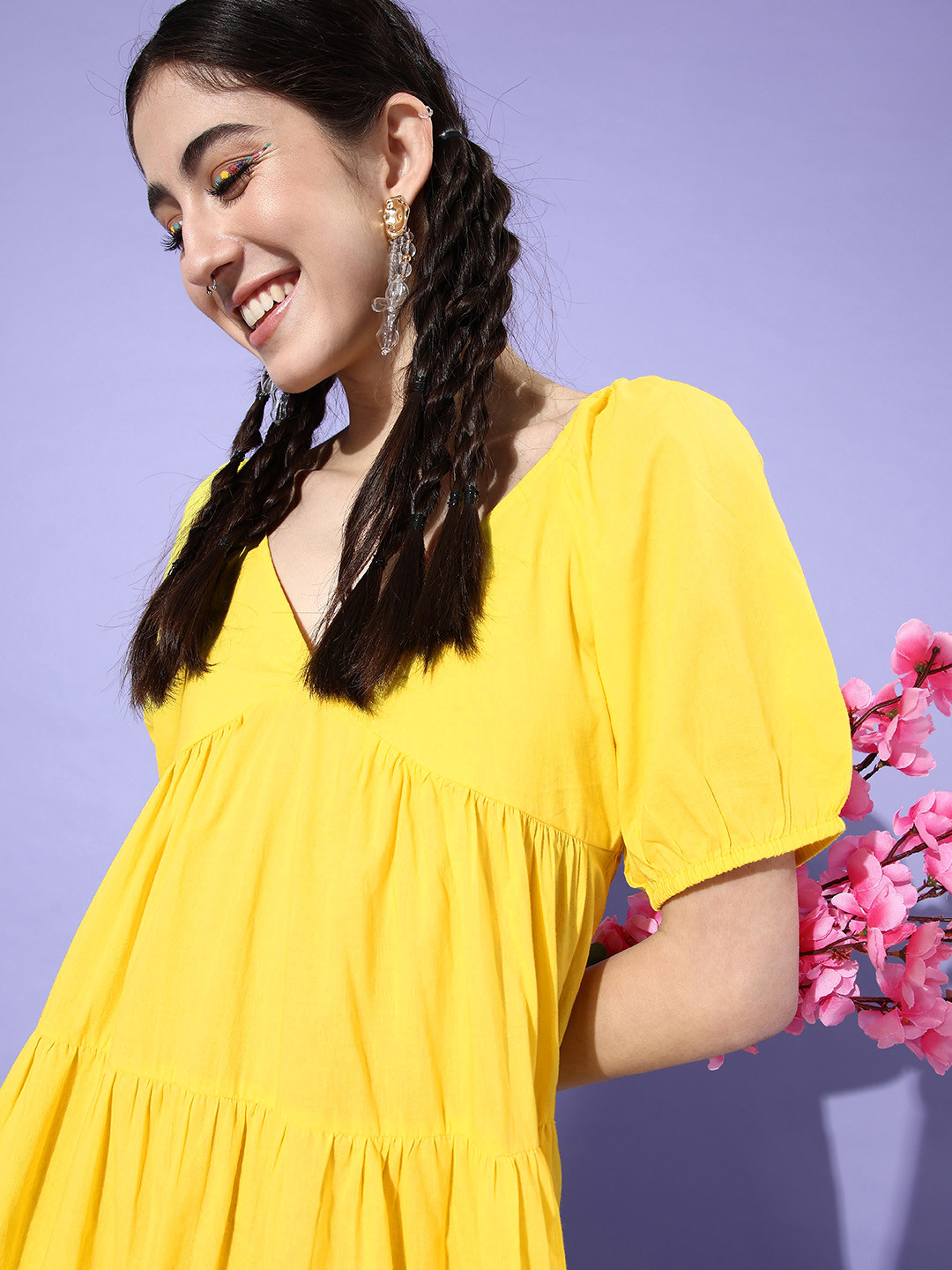 

StyleCast Tired V-Neck A-Line Dress with Gathered Detailing, Yellow