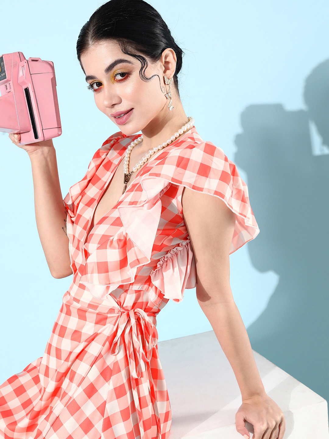 

StyleCast Checked Crepe Wrap Dress, Coral