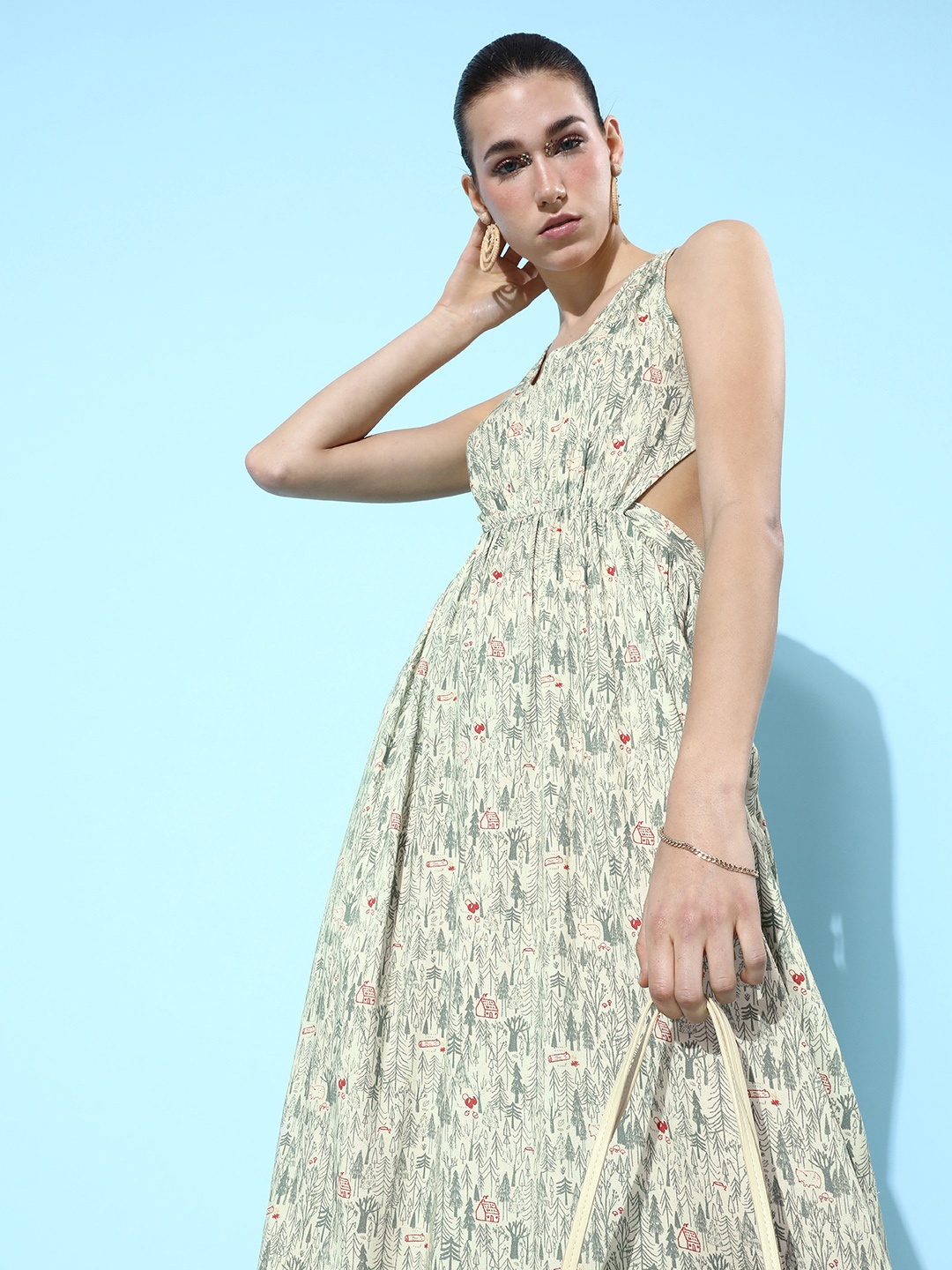 

StyleCast V-Neck Tribal Print Crepe Fit & Flare Styled Back Midi Dress, Off white