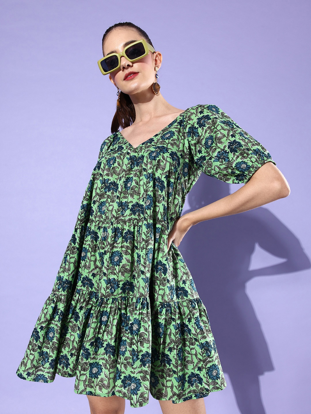 

StyleCast Puff Sleeves Floral A-Line Dress with Gathers, Green