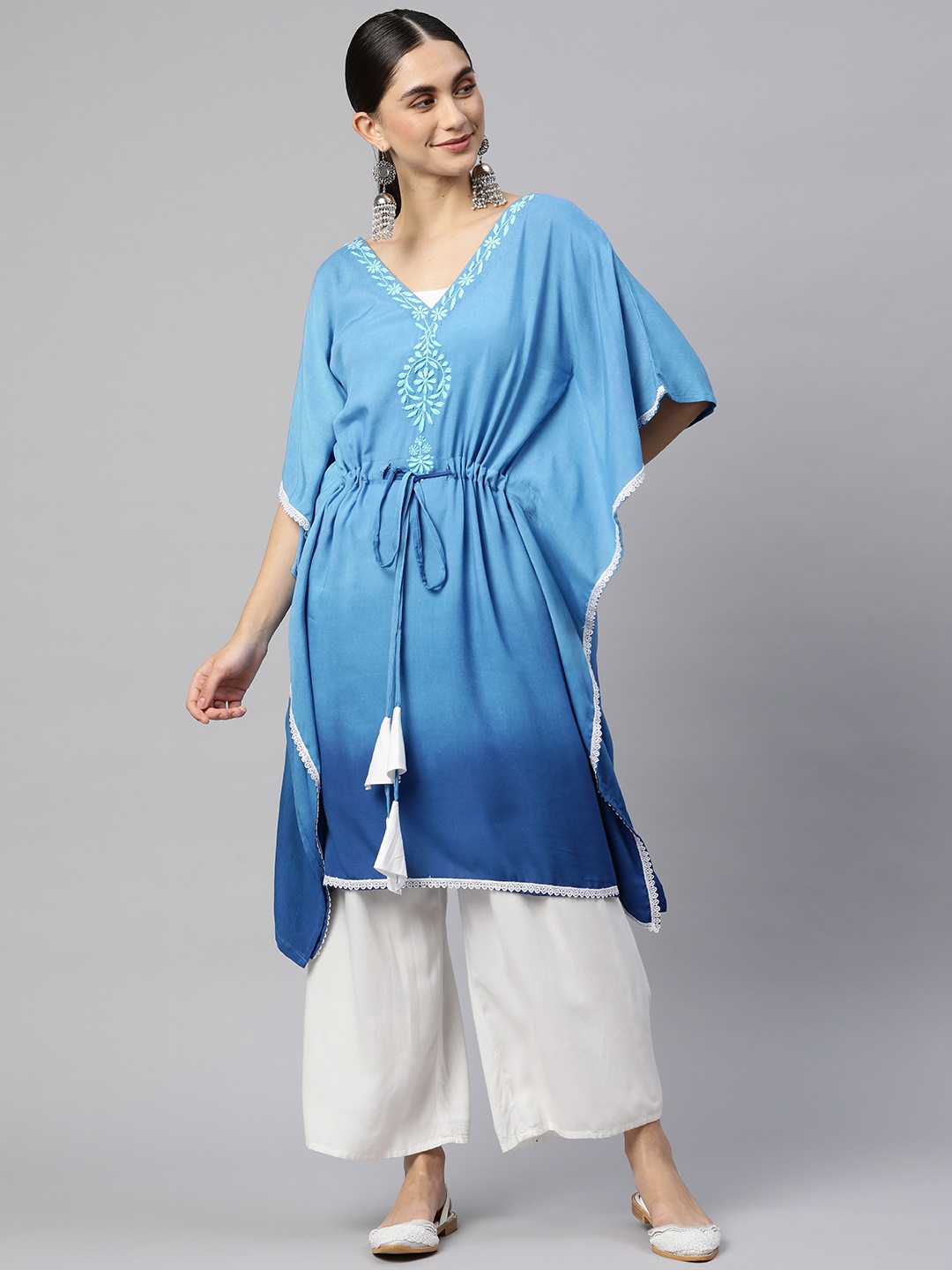

SHADES OF FAASHION Women Blue Ombre Print Extended Sleeves Chikankari Embroidered Kaftan Kurta