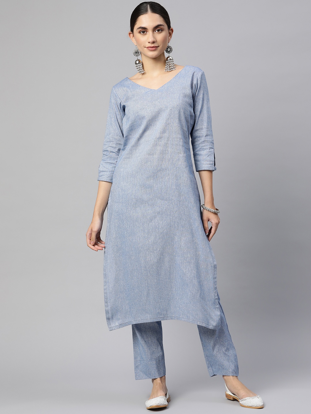 

SHADES OF FAASHION Women Solid Pure Cotton Straight Kurta with Trousers, Blue