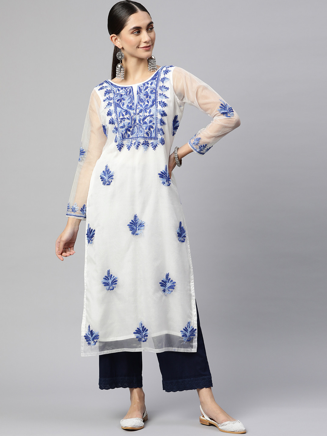 

SHADES Women White & Blue Chikankari Embroidered Kurta