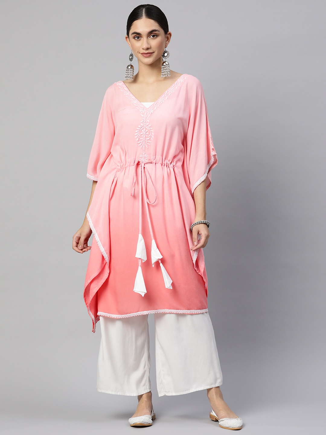 

SHADES OF FAASHION Women Peach-Coloured Ombre Extended Sleeves Chikankari Embroidered Kaftan Kurta