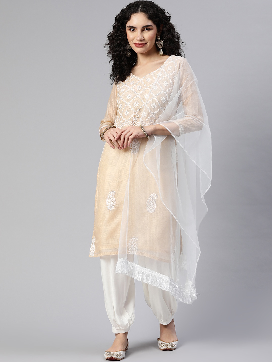 

SHADES OF FAASHION Ethnic Motifs Chikankari Thread Work Kurta with Salwar With Dupatta, Cream