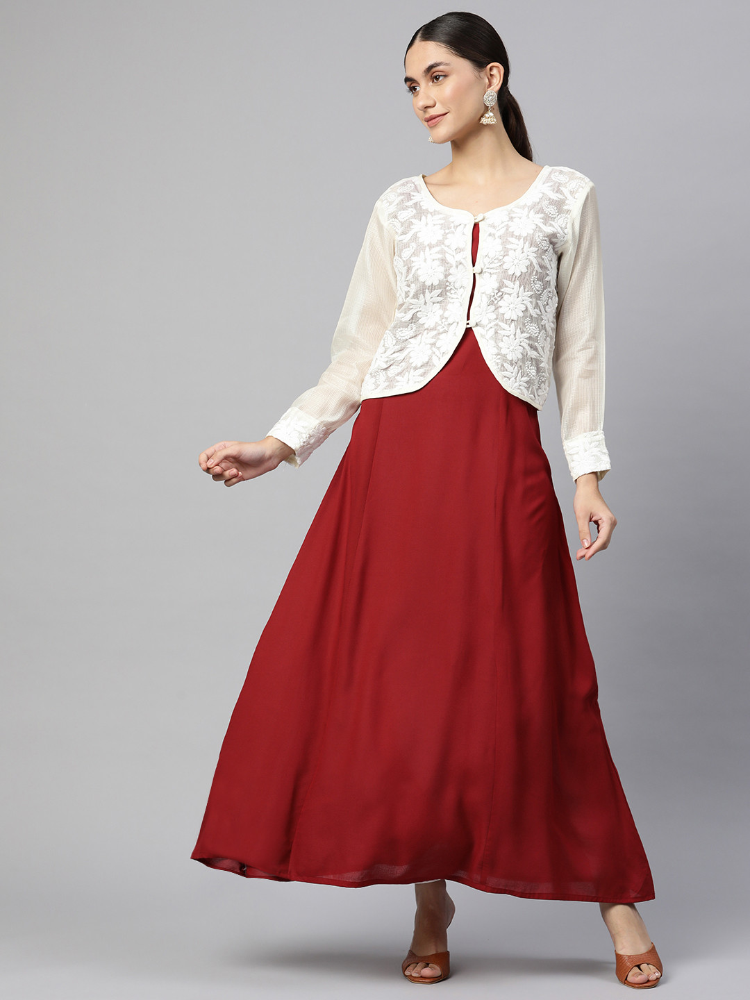 

SHADES Maroon Solid Ethnic Dress with Shrug