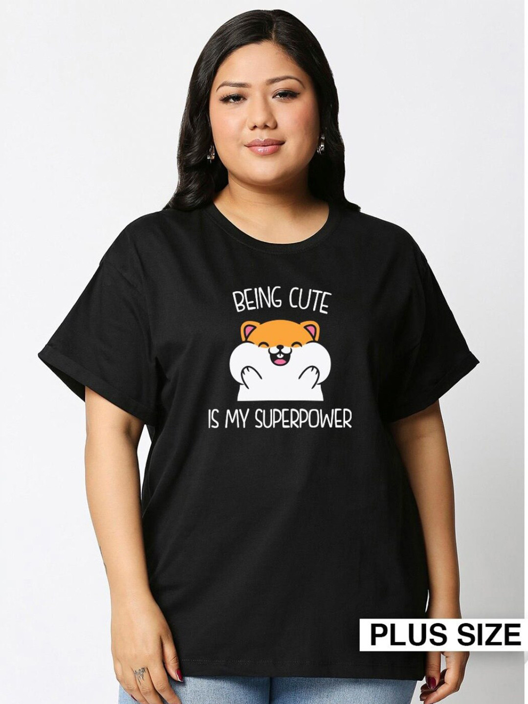 

Bewakoof Plus Women Black Printed Drop-Shoulder Sleeves T-shirt
